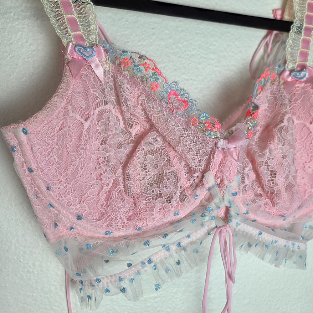 For Love Lemons Balconette Bra Lace Mesh Heart Print Tie Front Coquette - Picture 6 of 8